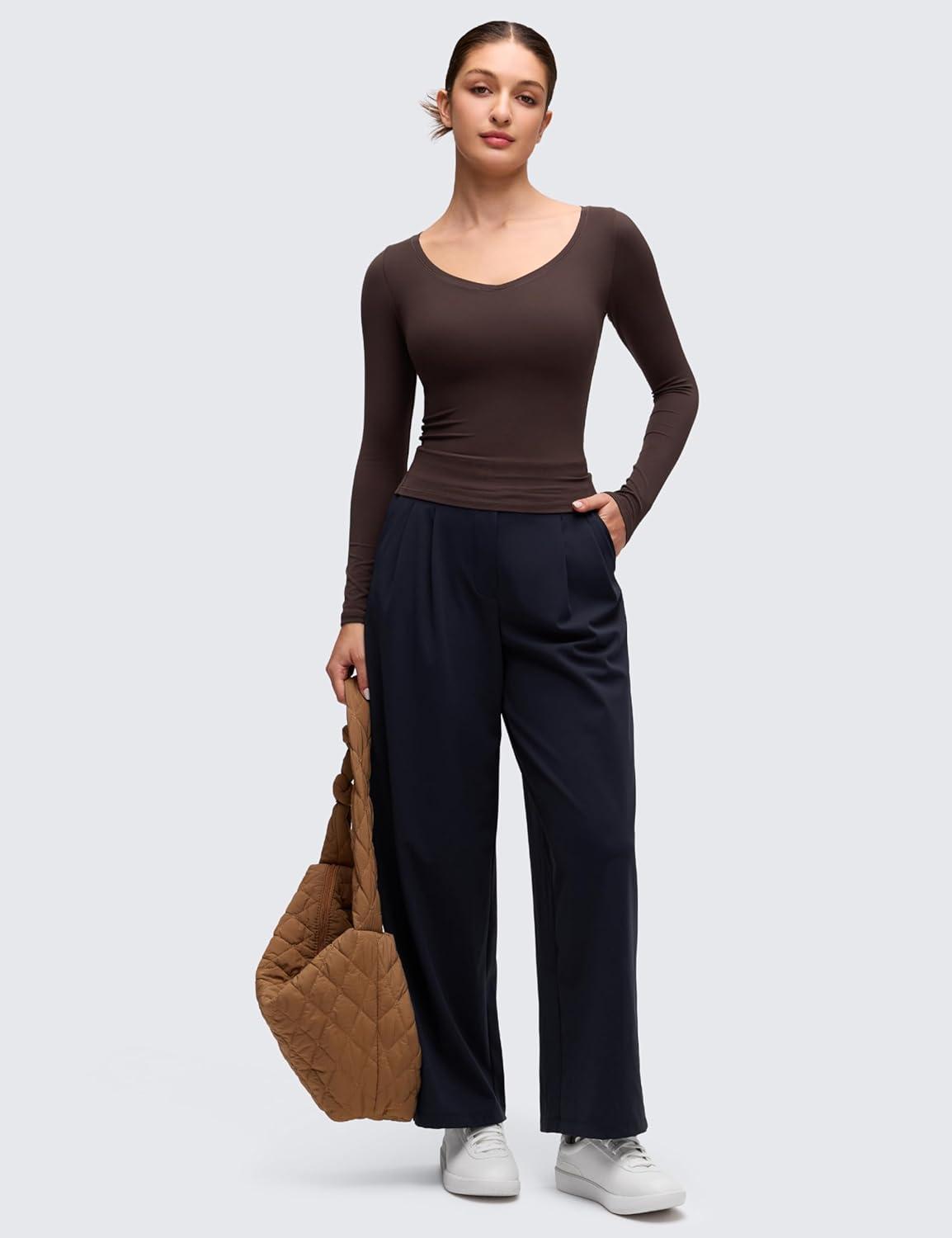 imageCRZ YOGA Softembrace V Neck Long Sleeve Shirts for Women Casual Going Out Soft Comfort Tops Fitted Sexy Scoop TeesHot Fudge Brown