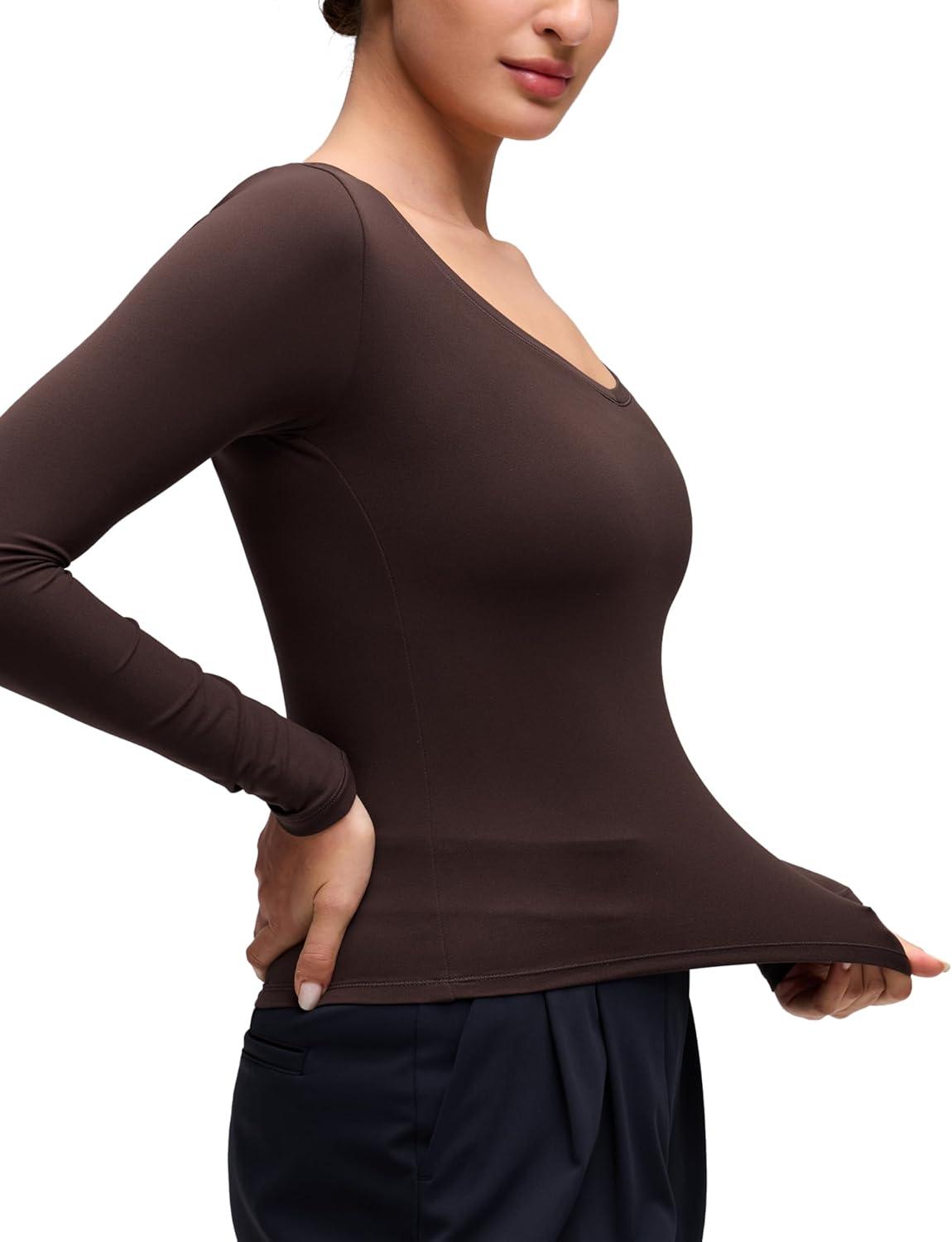 imageCRZ YOGA Softembrace V Neck Long Sleeve Shirts for Women Casual Going Out Soft Comfort Tops Fitted Sexy Scoop TeesHot Fudge Brown