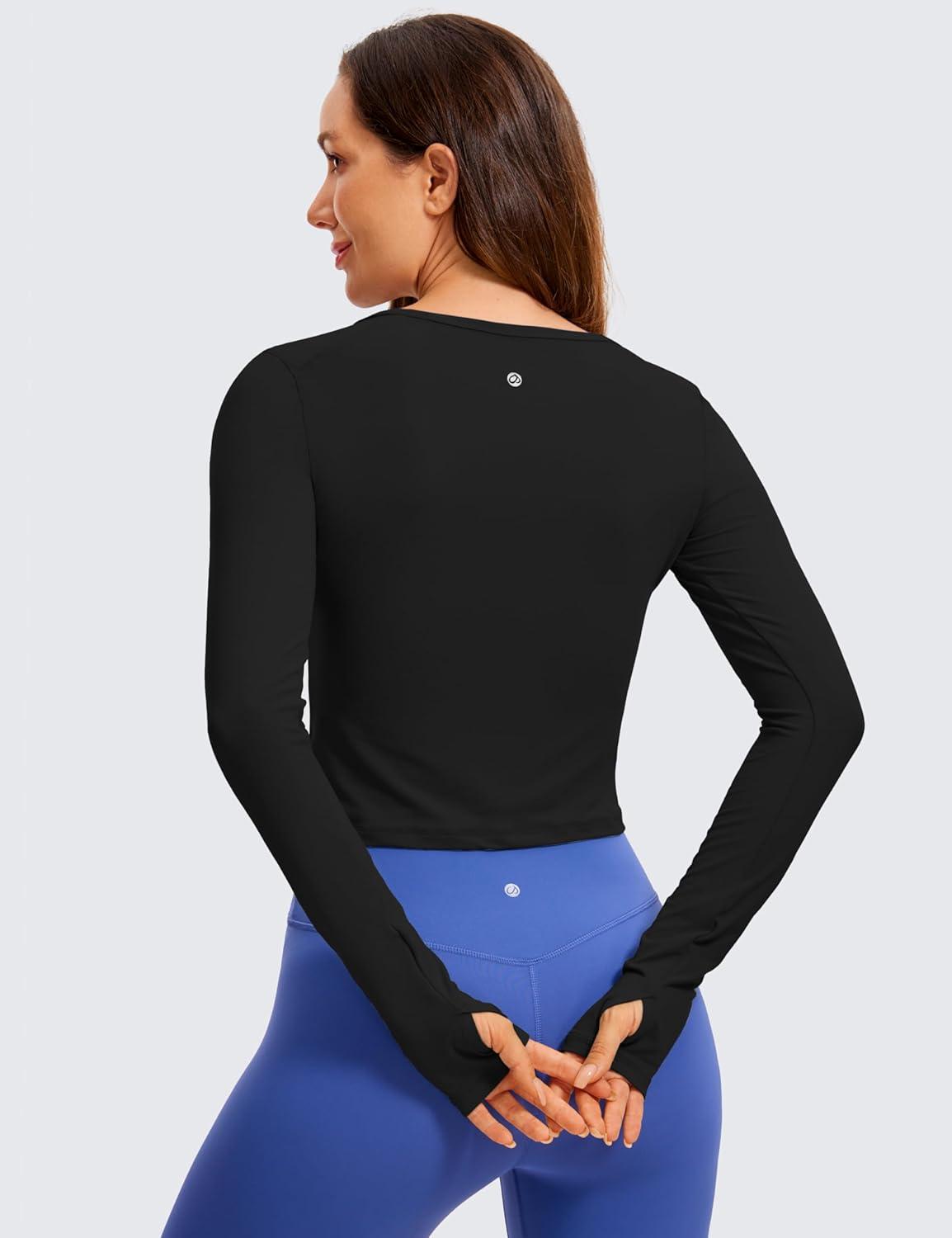 imageCRZ YOGA Long Sleeve Crop Tops for Women Workout Cropped TShirts Yoga Slim Fit Athletic Gym Shirts with Thumb HoleBlack