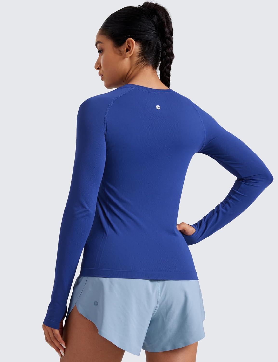 imageCRZ YOGA Seamless Long Sleeve Shirts for Women Hip Length Workout Athletic Running Gym Yoga Tops Breathable Crewneck TshirtLarkspur Blue
