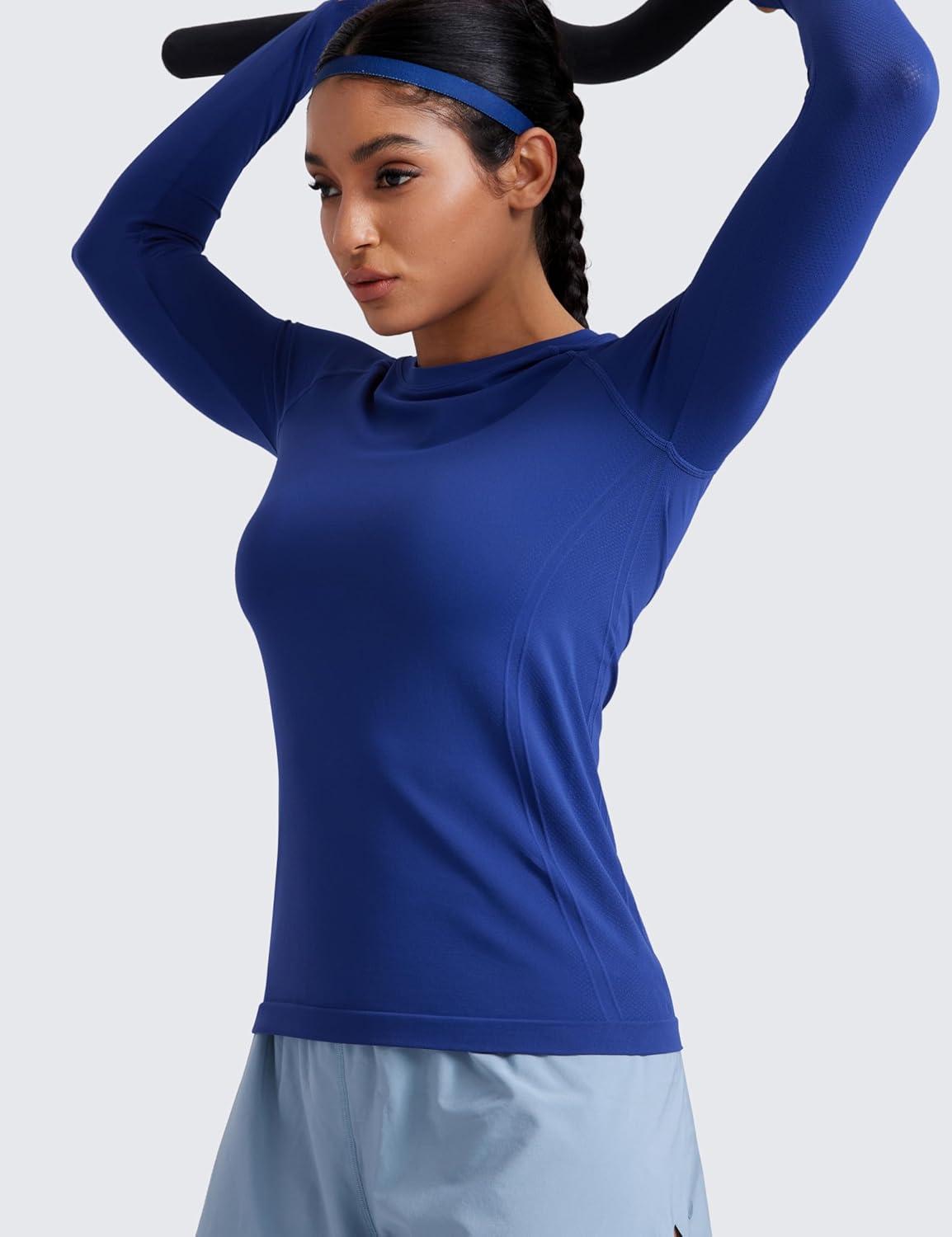imageCRZ YOGA Seamless Long Sleeve Shirts for Women Hip Length Workout Athletic Running Gym Yoga Tops Breathable Crewneck TshirtLarkspur Blue