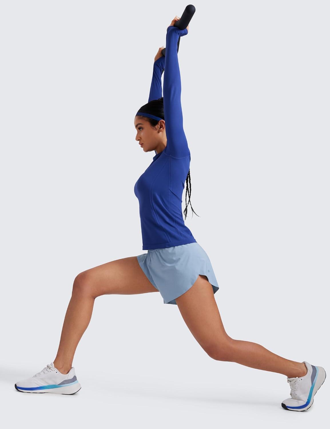 imageCRZ YOGA Seamless Long Sleeve Shirts for Women Hip Length Workout Athletic Running Gym Yoga Tops Breathable Crewneck TshirtLarkspur Blue