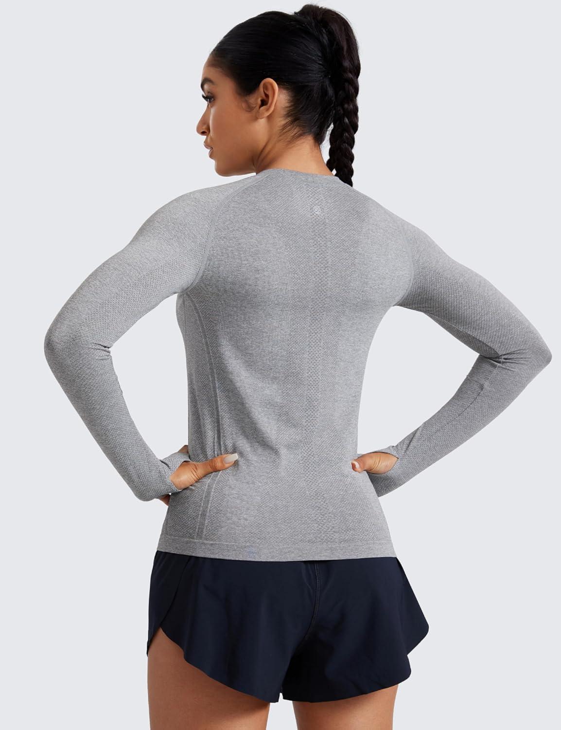 imageCRZ YOGA Seamless Long Sleeve Shirts for Women Hip Length Workout Athletic Running Gym Yoga Tops Breathable Crewneck TshirtSlate Grey Marl