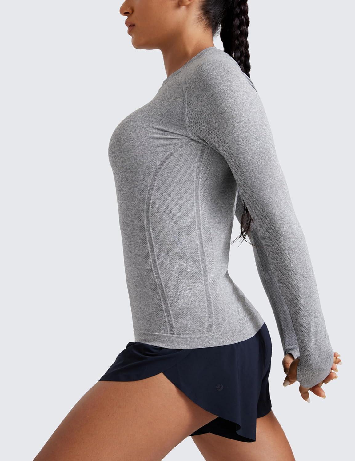 imageCRZ YOGA Seamless Long Sleeve Shirts for Women Hip Length Workout Athletic Running Gym Yoga Tops Breathable Crewneck TshirtSlate Grey Marl