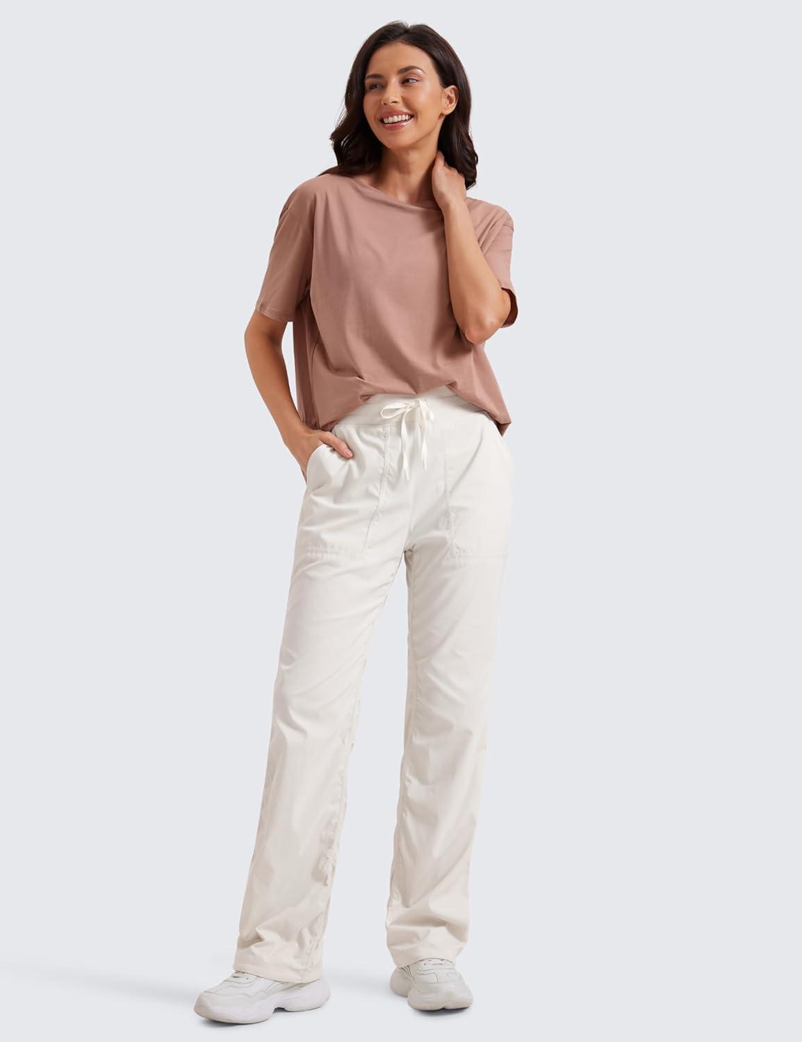 imageCRZ YOGA Lightweight Straight Leg Workout Pants for Women 283032 Ruched Casual Work Athletic Joggers with PocketsMilky White Bone