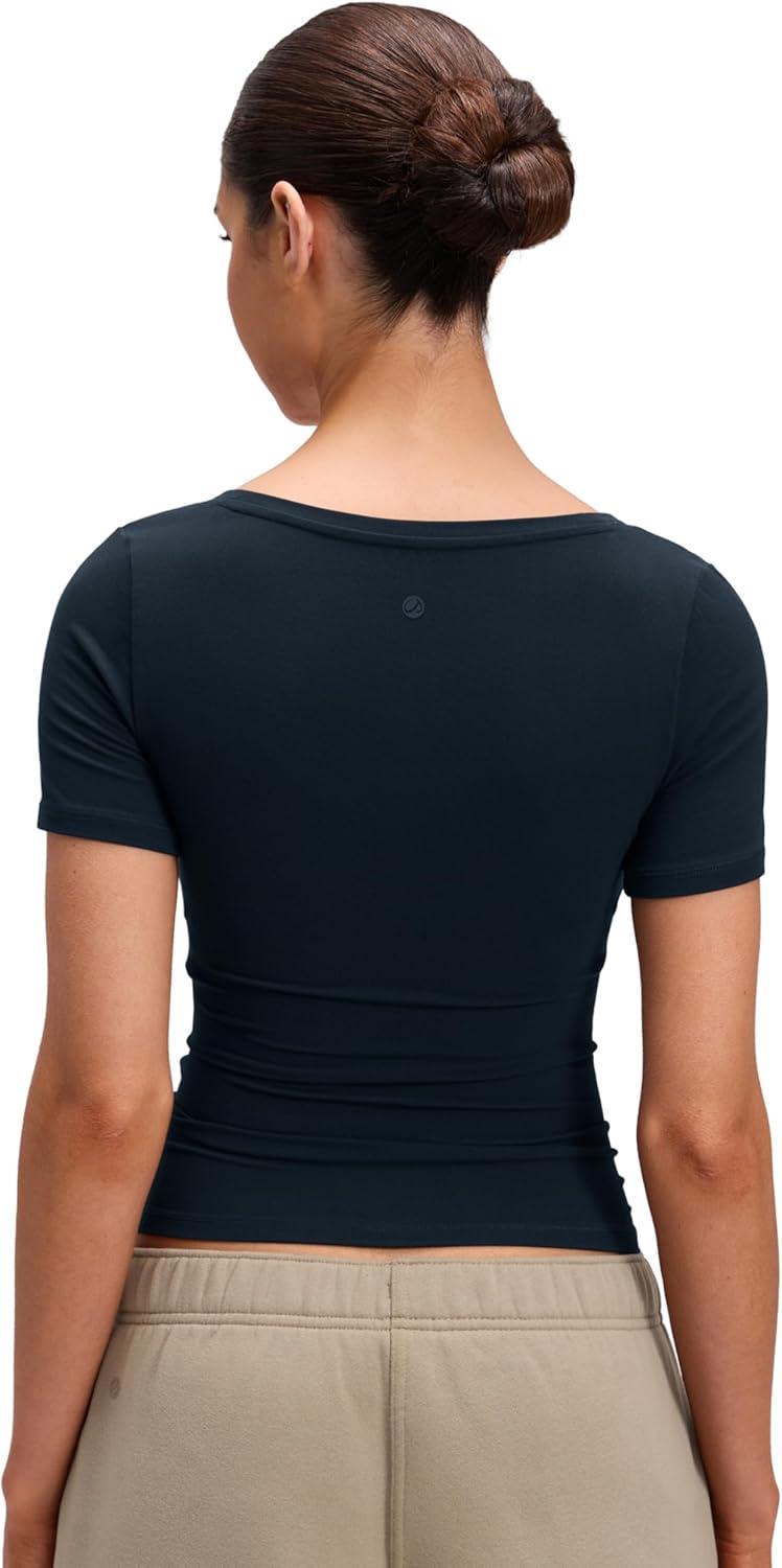 imageCRZ YOGA Softembrace Scoop Neck Tops for Women Casual Soft Going Out Short Sleeve Shirts Sexy U Neck Tight Fitted TeesTrue Navy