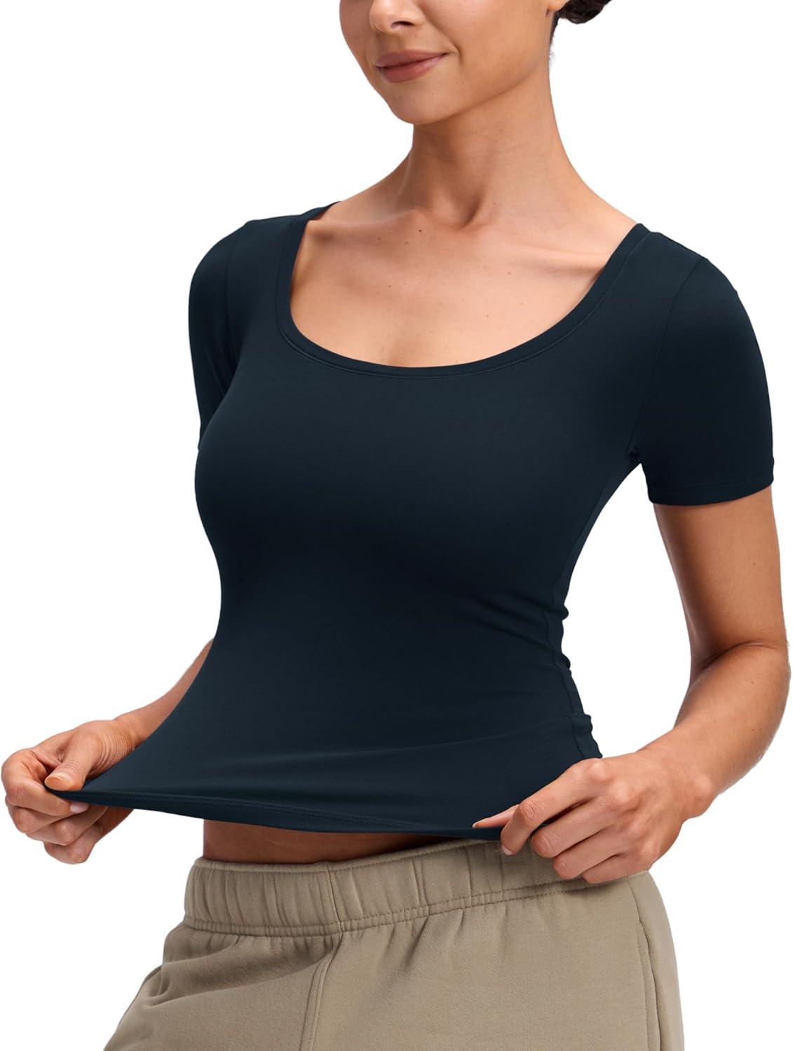 imageCRZ YOGA Softembrace Scoop Neck Tops for Women Casual Soft Going Out Short Sleeve Shirts Sexy U Neck Tight Fitted TeesTrue Navy