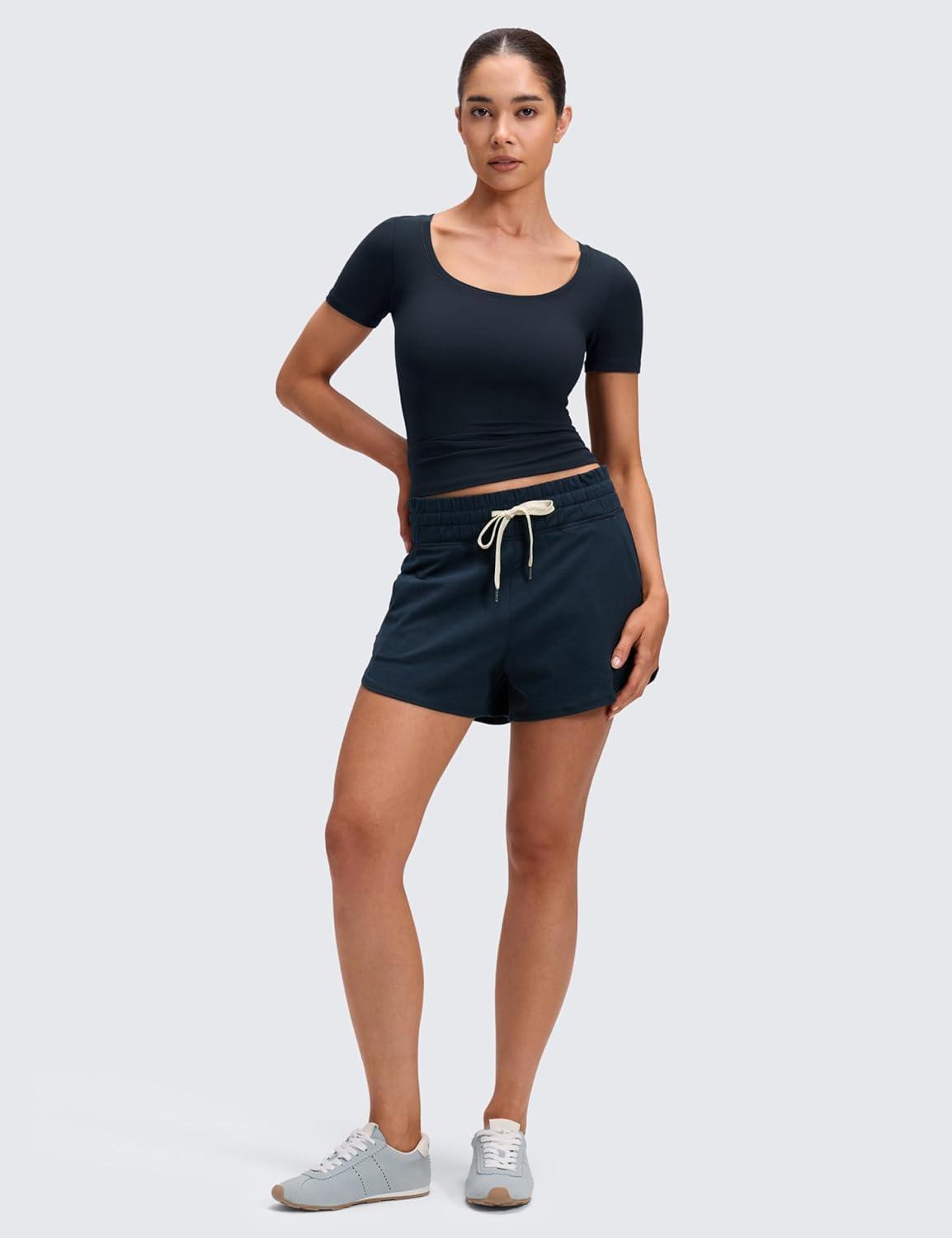 imageCRZ YOGA Softembrace Scoop Neck Tops for Women Casual Soft Going Out Short Sleeve Shirts Sexy U Neck Tight Fitted TeesTrue Navy