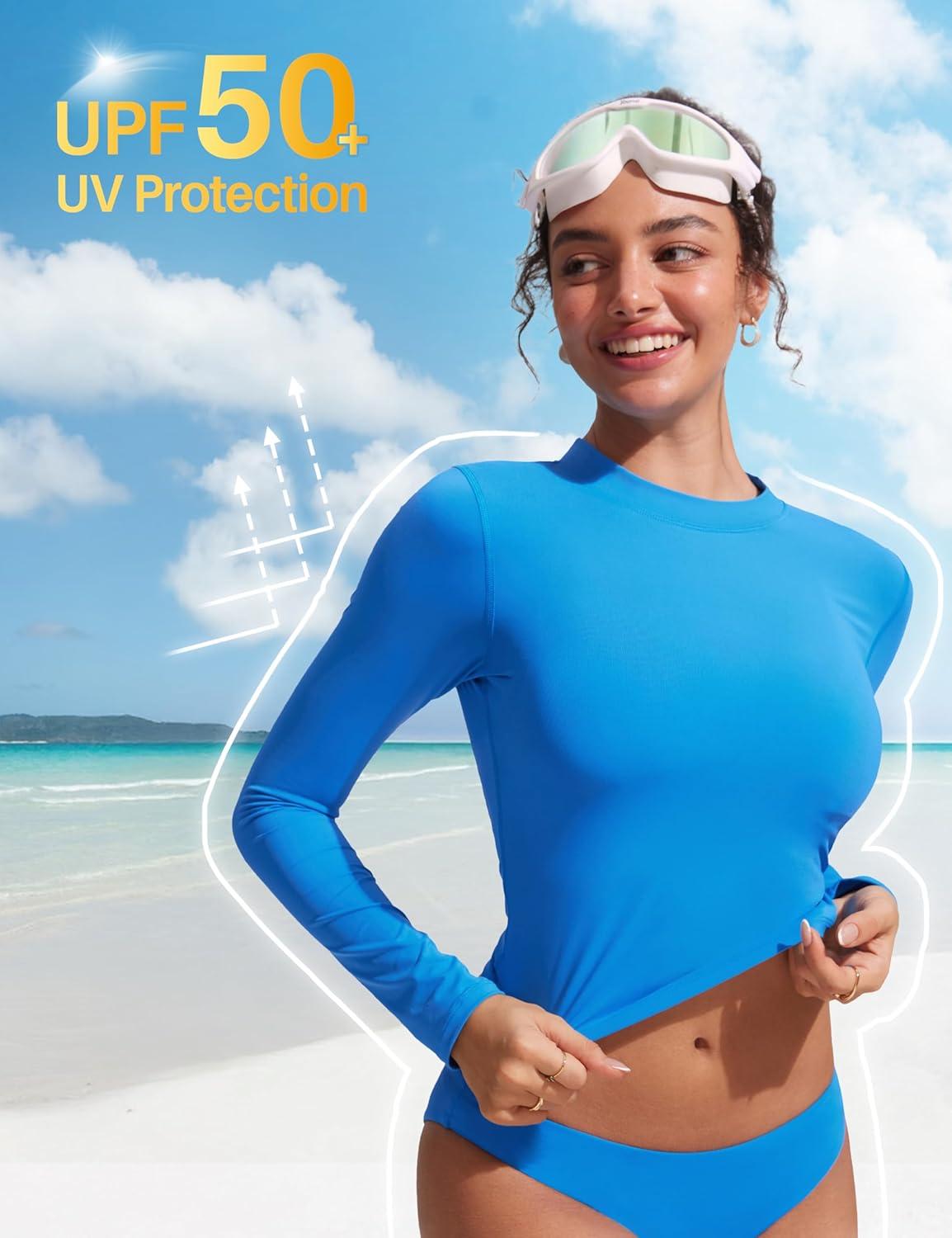 imageCRZ YOGA UPF 50 Cropped Rash Guard Shirts for Women Long Sleeve UV Sun Protection Swim Rashguard TopsMadagascar Blue
