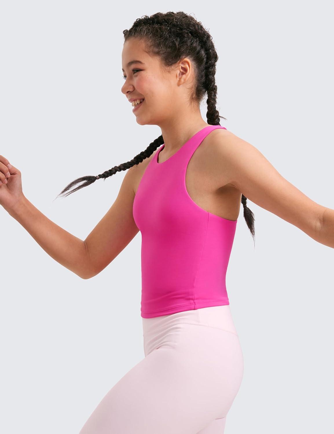 imageCRZ YOGA Girls Butterluxe Double Lined Racerback Tank Tops Waist Length High Neck Dance Yoga Athletic Casual Kids TeenHibiscus Purple