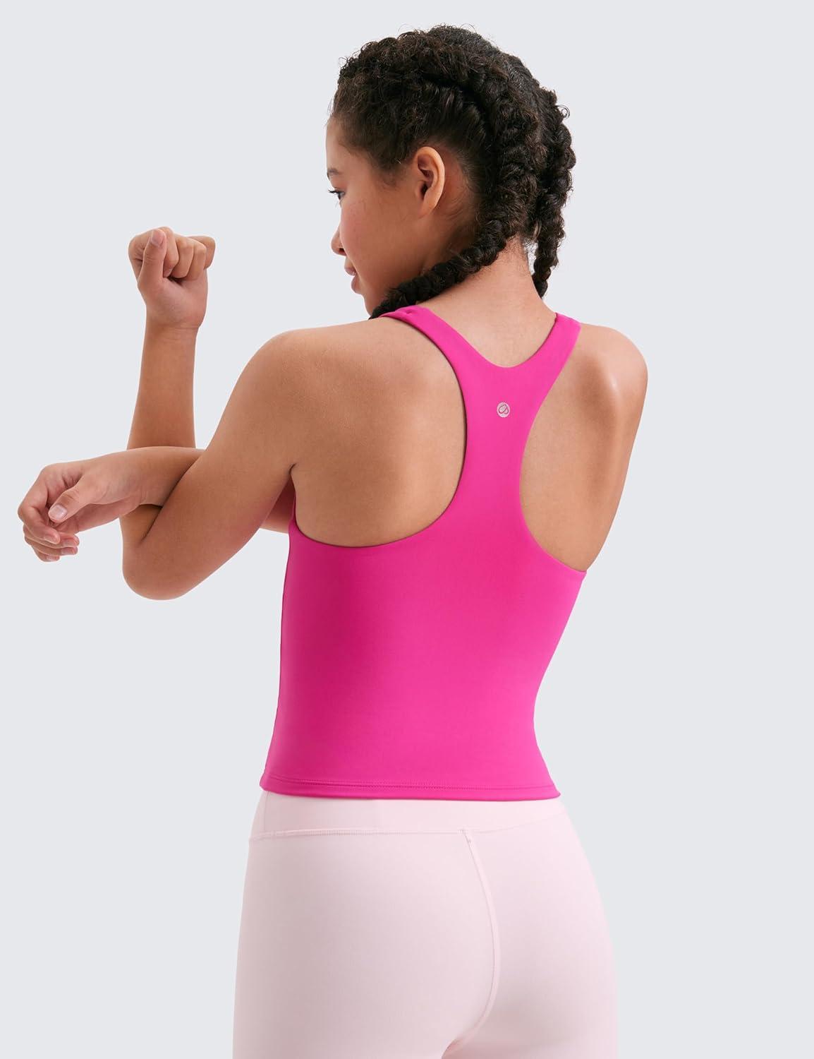 imageCRZ YOGA Girls Butterluxe Double Lined Racerback Tank Tops Waist Length High Neck Dance Yoga Athletic Casual Kids TeenHibiscus Purple