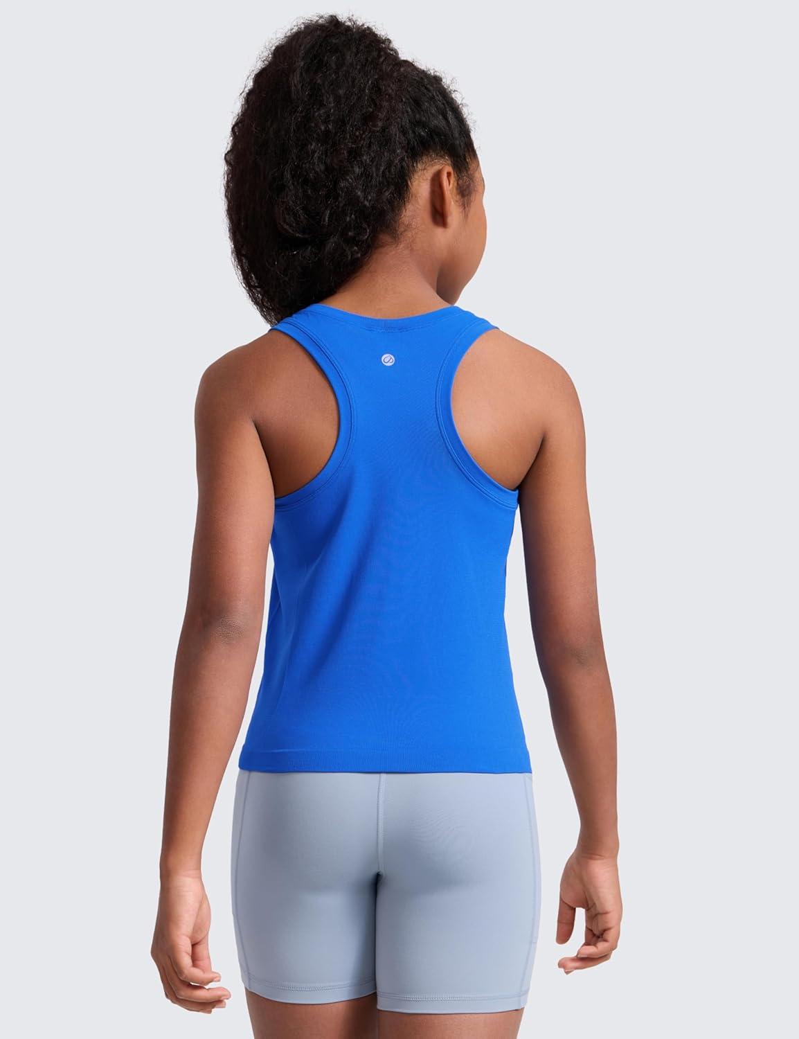 imageCRZ YOGA Girls Seamless Athletic Tank Tops Waist Length Active Dance Casual Racerback Crew Neck Sleeveless Kids TeenSparkle Blue