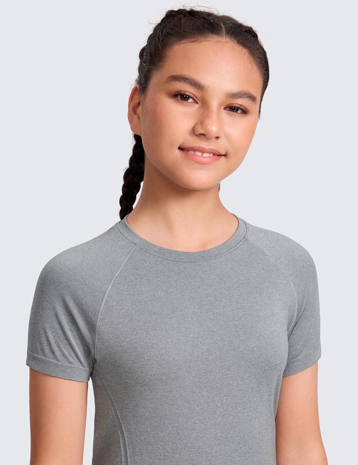 imageCRZ YOGA Girls Seamless Short Sleeve Athletic T Shirts Active Sports Casual Tees Crew Neck Kids TeenSlate Grey Marl