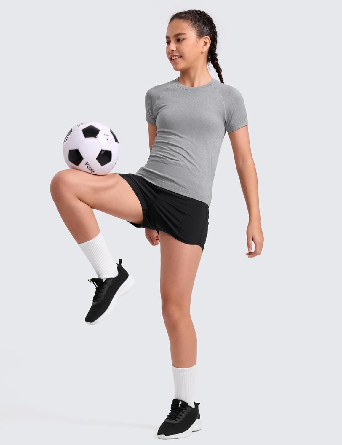 imageCRZ YOGA Girls Seamless Short Sleeve Athletic T Shirts Active Sports Casual Tees Crew Neck Kids TeenSlate Grey Marl