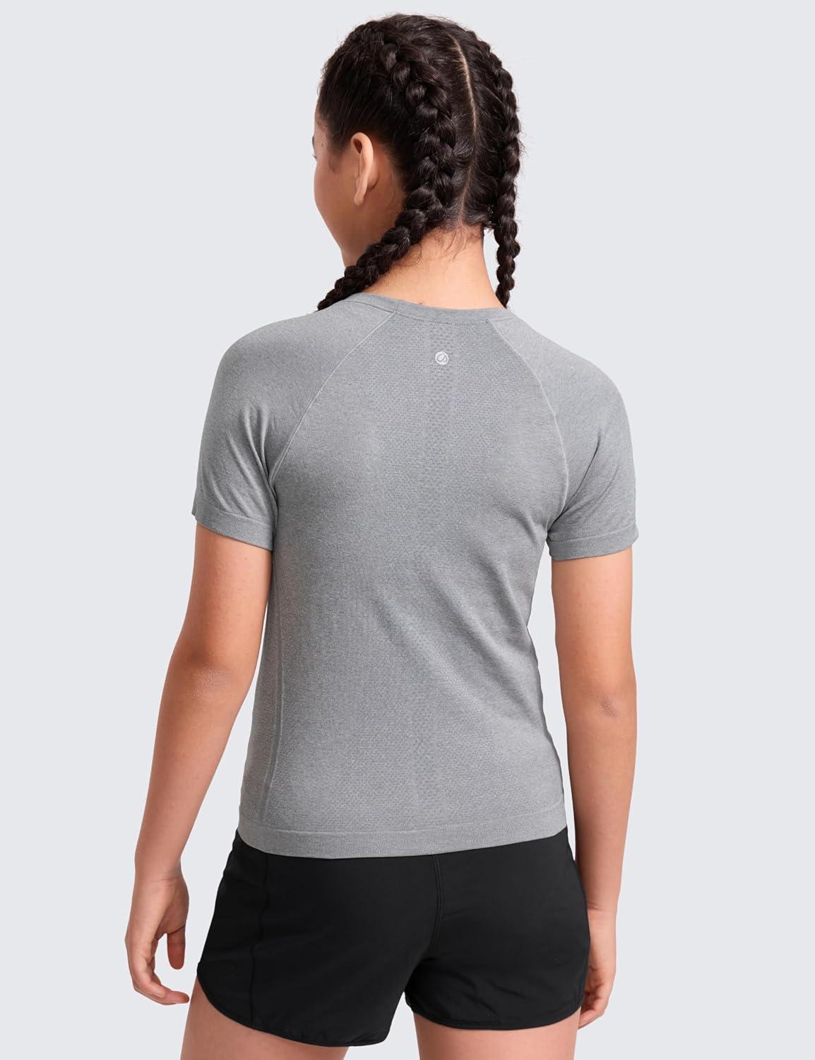 imageCRZ YOGA Girls Seamless Short Sleeve Athletic T Shirts Active Sports Casual Tees Crew Neck Kids TeenSlate Grey Marl