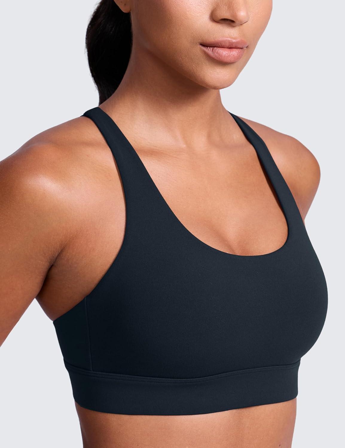 imageCRZ YOGA Butterlift Wide Criss Cross Straps Supportive Sports Bras for Women Medium Impact Strappy Gym Padded Workout TopTrue Navy