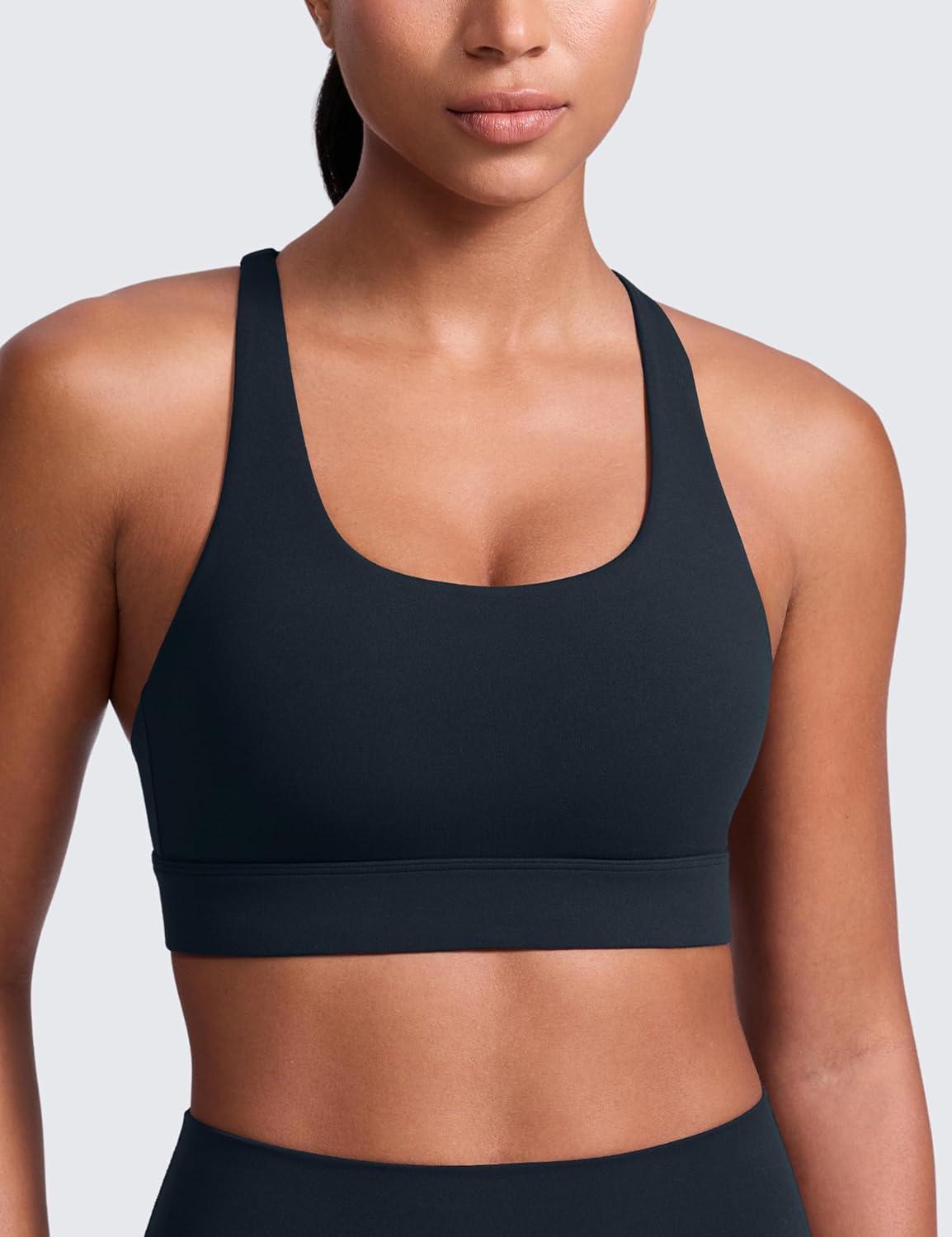 imageCRZ YOGA Butterlift Wide Criss Cross Straps Supportive Sports Bras for Women Medium Impact Strappy Gym Padded Workout TopTrue Navy
