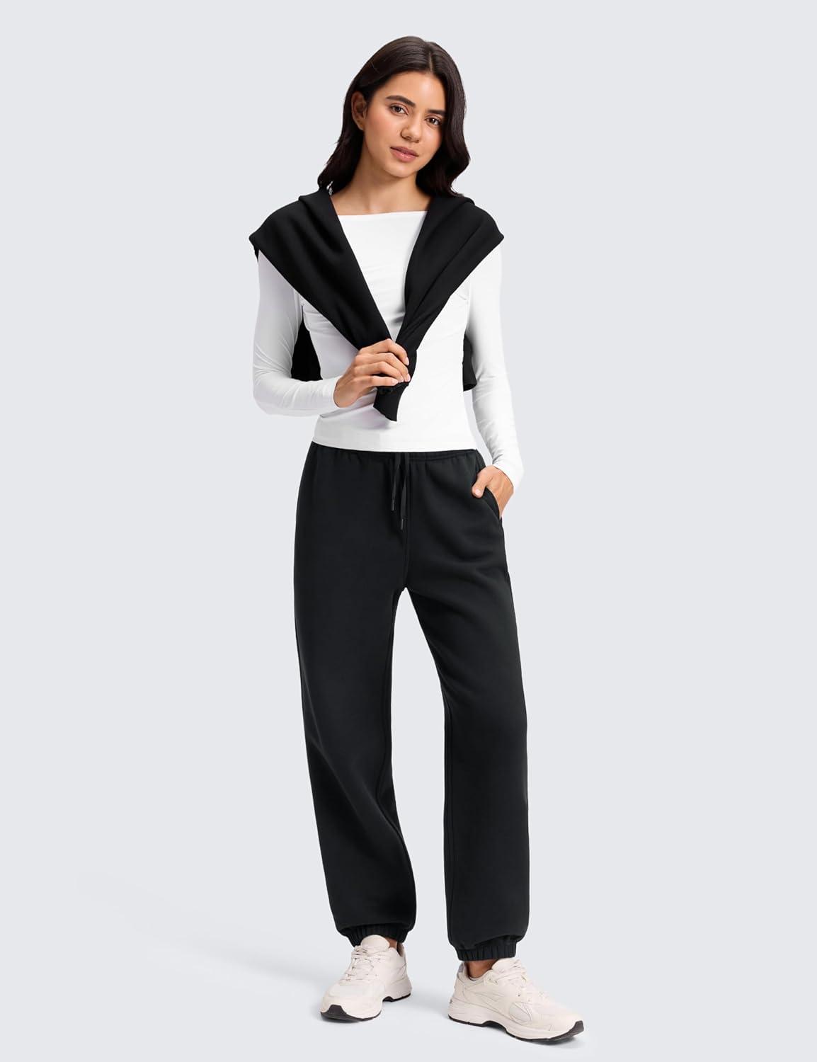 imageCRZ YOGA Cotton Fleece Lined Jogger Sweatpants Women 28 Casual Lounge Travel Pants with Pockets Winter WarmBlack