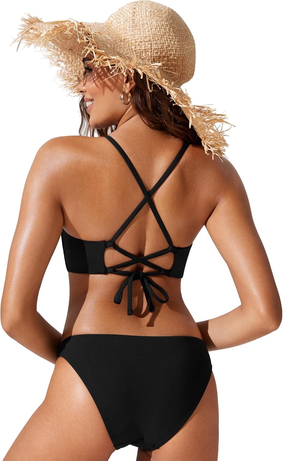 image:imageCRZ YOGA High Neck Bikini Tops for Women Padded Crisscross Tie Back Bathing Suit Swim BraBlack