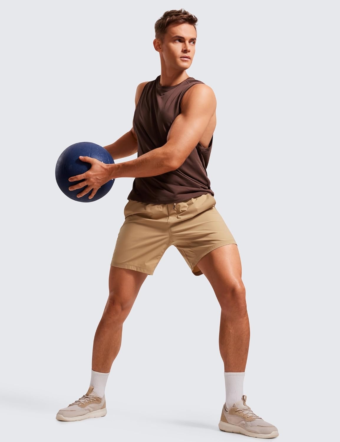 image:imageCRZ YOGA Mens Lightweight Workout Shorts 7 Quick Dry for Gym Athletic Workout with Zipper PocketKhaki Sand