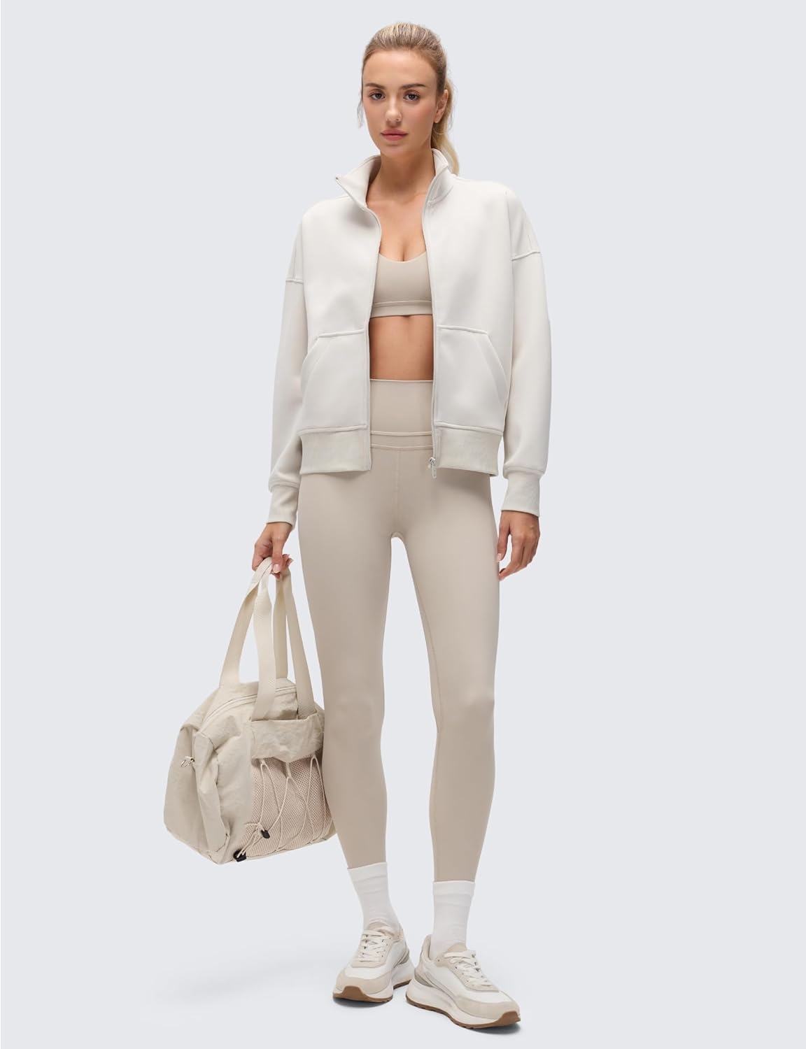 image:imageCRZ YOGA SoftAura Full Zip Sweatshirts PeachFuzz Texture Casual Classic Fit Pockets Funnel Neck Sweat Shirts for WomenMilky White Bone