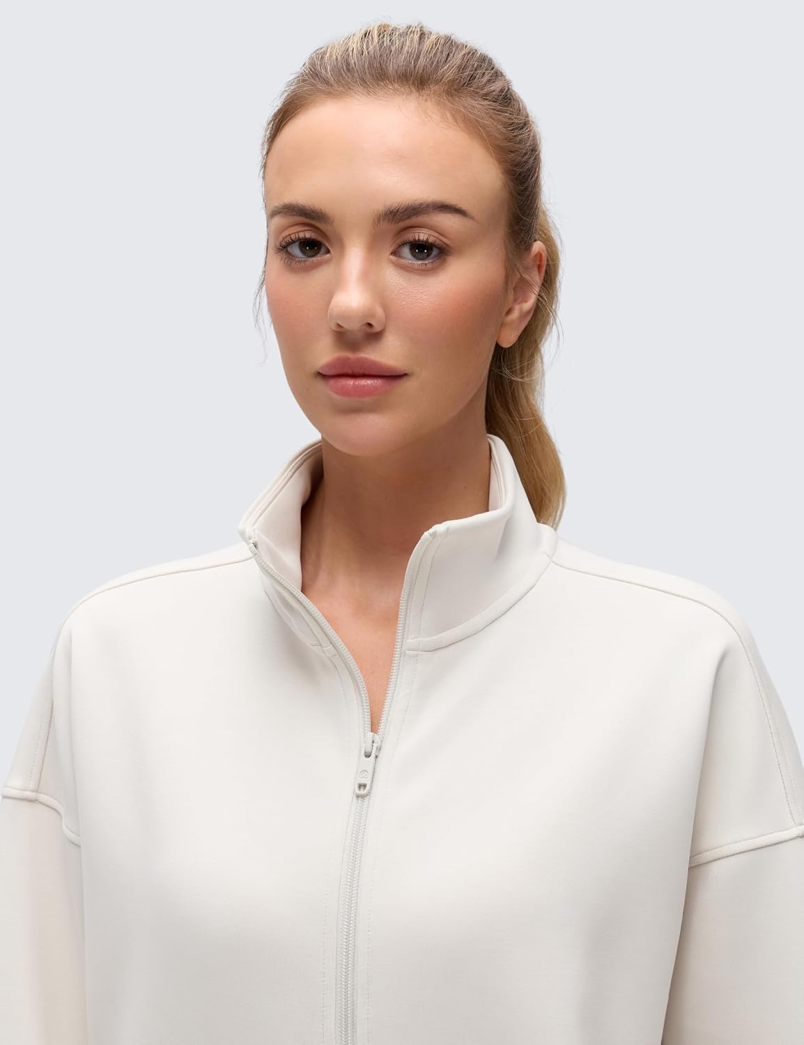 image:imageCRZ YOGA SoftAura Full Zip Sweatshirts PeachFuzz Texture Casual Classic Fit Pockets Funnel Neck Sweat Shirts for WomenMilky White Bone
