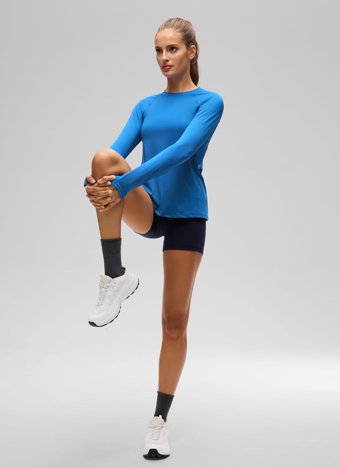 image:imageCRZ YOGA UPF 50 Long Sleeve Sun Shirt Hiking Light and Sun Protection Classic Fit Hip Length Thumbholes Crewneck Tops for WomenSparkle Blue
